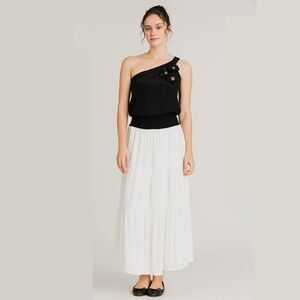 Matty M Cami Tank 100% Silk One Shoulder Sequins Ribbons Flowers Blousy Black Sm